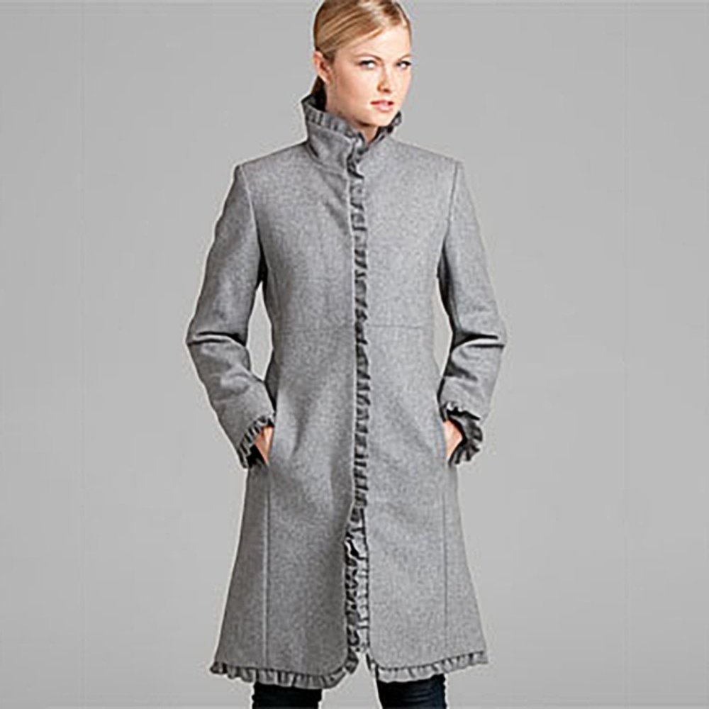 DKNY Pale Gray Wool Ruffle Coat